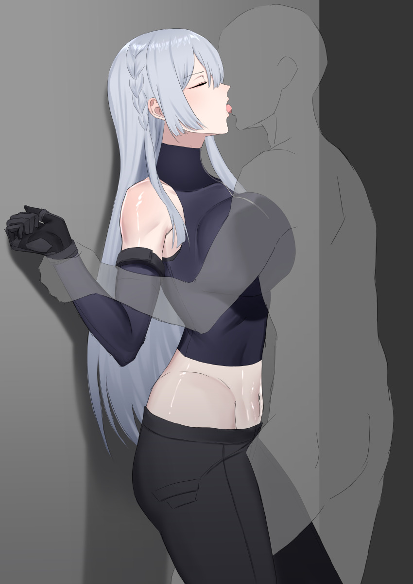 1boy 1girl absurdres against_wall ak-15_(girls&#039;_frontline) ass bare_shoulders black_pants black_shirt black_sleeves blush braid breast_press breasts cas/kas chinese_commentary closed_eyes commentary_request cowboy_shot crop_top detached_sleeves french_kiss girls&#039;_frontline gloves grey_hair groin hair_over_one_eye highres holding_another&#039;s_wrist invisible_man kabedon kiss large_breasts leg_between_thighs long_hair midriff navel open_mouth pants shadow shirt sidelocks sleeveless sleeveless_shirt standing tongue tongue_out