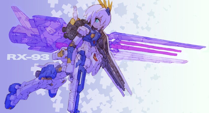 1girl armor blue_armor energy_gun full_body gun gundam holding holding_gun holding_weapon humanization nakayama_tooru nu_gundam_(rx-93ff) short_hair solo weapon white_armor white_hair