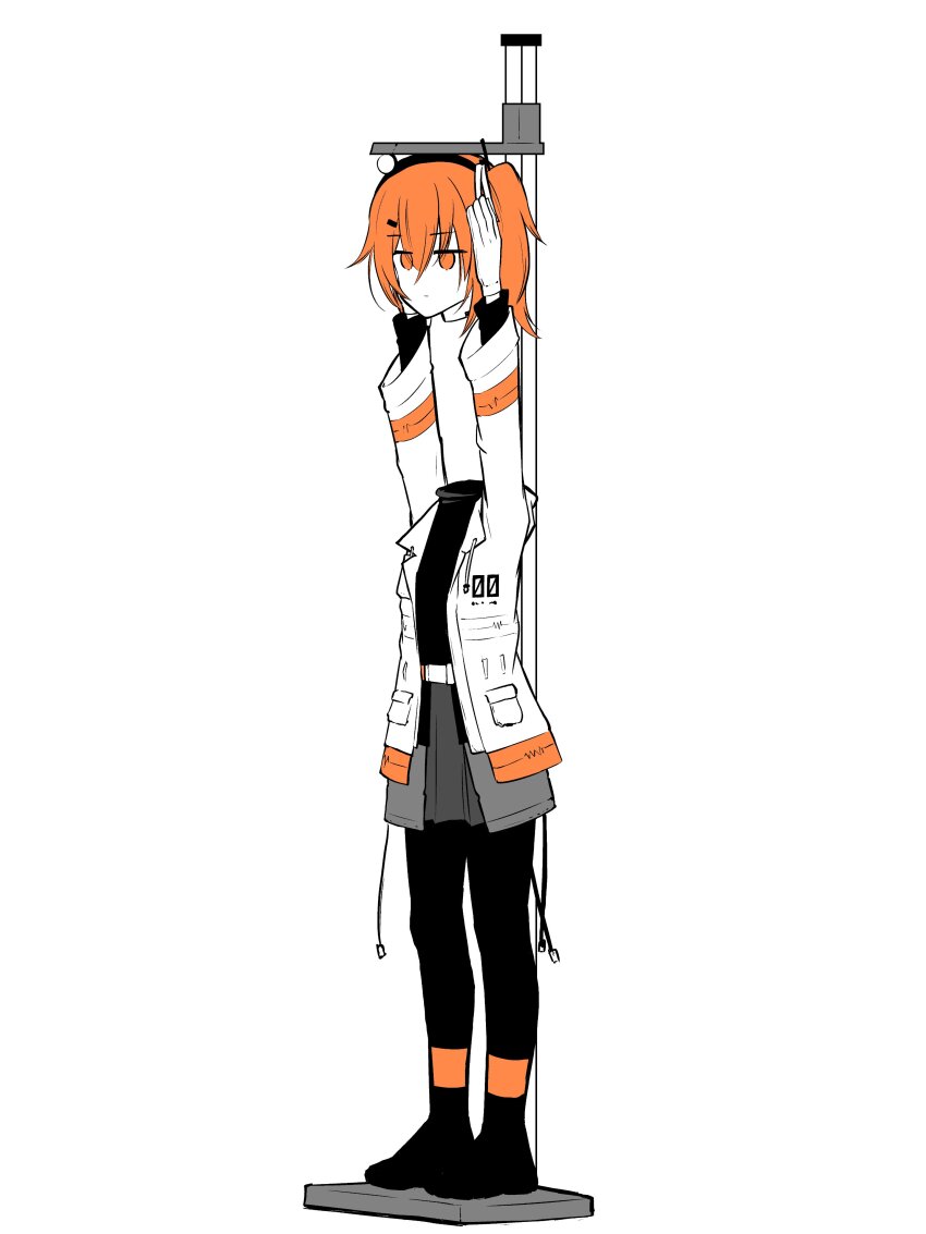 1girl a.i._voice absurdres adachi_rei android arms_up black_pantyhose black_shirt commentary_request disembodied_head full_body grey_skirt hair_ribbon headlamp highres holding long_sleeves orange_background orange_eyes orange_hair pantyhose radio_antenna ribbon shirt side_ponytail simple_background skirt solo teckinder utau white_background white_ribbon