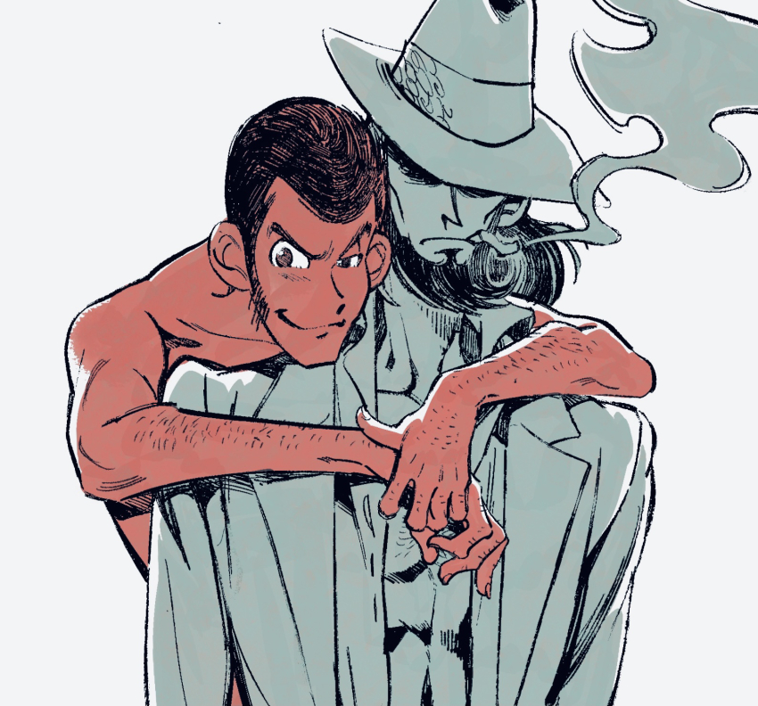 2boys arm_hair arsene_lupin_iii beard chest_hair cigarette closed_mouth collarbone facial_hair fedora fingernails grey_background hand_hair hashi84e hat hat_over_eyes highres hug hug_from_behind jigen_daisuke knuckle_hair long_sideburns looking_at_viewer lupin_iii male_focus mature_male multiple_boys multiple_monochrome open_clothes open_shirt short_hair sideburns simple_background smile smoke smoke_trail topless_male upper_body yaoi