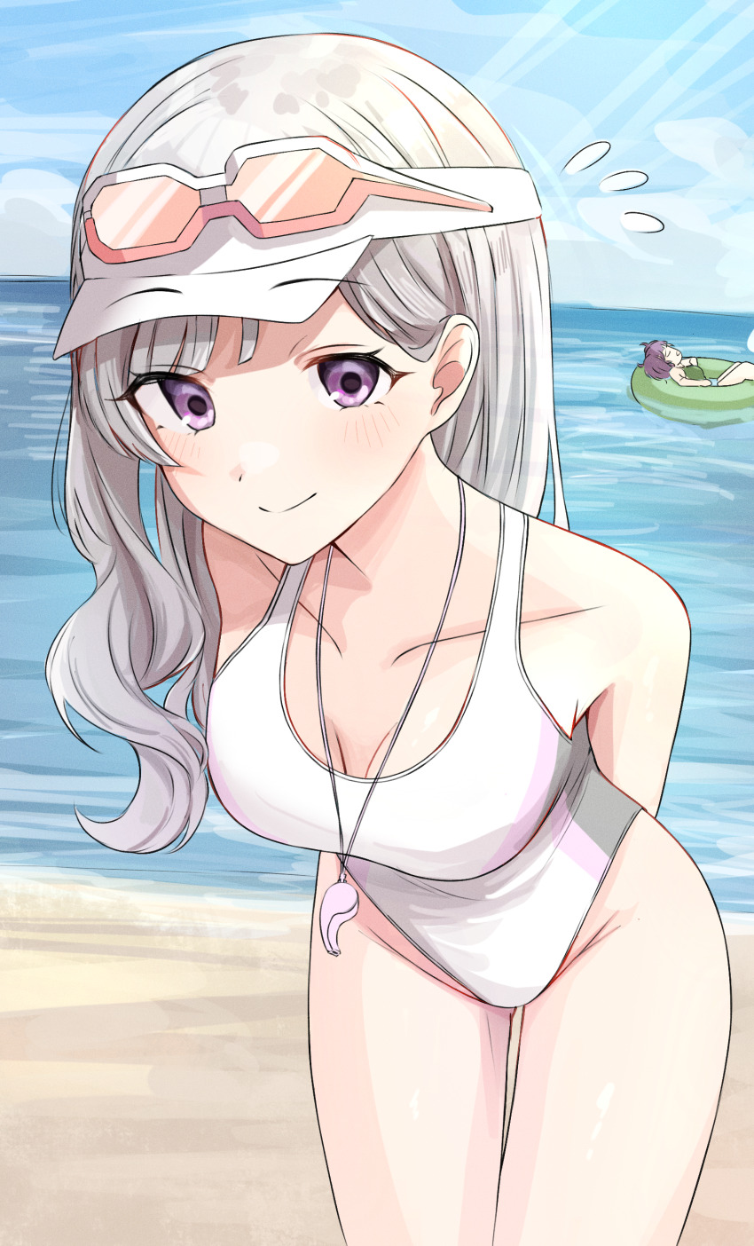 2girls absurdres arms_behind_back bare_shoulders beach blue_sky blush breasts cleavage closed_mouth collarbone cowboy_shot day eyewear_on_head flying_sweatdrops green_innertube grey_hair groin hair_behind_ear highleg highleg_one-piece_swimsuit highres horizon idolmaster idolmaster_shiny_colors innertube leaning_forward long_hair looking_at_viewer medium_breasts multiple_girls niban_(puka_0507) ocean on_innertube one-piece_swimsuit outdoors parted_bangs purple_eyes sand sky smile solo_focus standing swim_ring swimsuit tanaka_mamimi visor_cap white_one-piece_swimsuit yukoku_kiriko