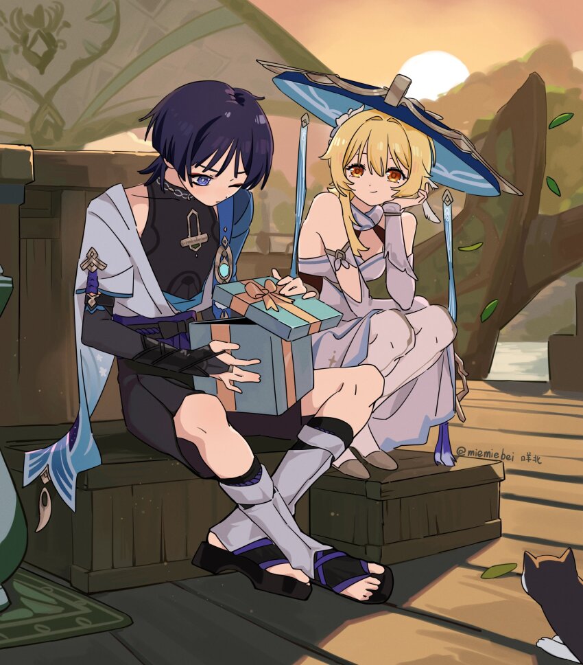 1boy 1girl animal_print arm_cutout arm_on_thigh armor belt bird_print black_belt black_bodysuit black_bow black_bridal_gauntlets black_corset black_leggings black_sandals black_shorts blonde_hair blue_cape blue_gemstone blue_hat blue_kimono blue_sleeves blue_trim blunt_ends bodysuit borrowed_clothes bow box bridal_gauntlets bright_pupils brown_eyes cape carpet cat closed_mouth corset covered_collarbone crate crossed_legs detached_sleeves dress dusk eyeliner eyeshadow falling_leaves feather_hair_ornament feathers flower furisode gem genshin_impact gift gift_box gold gold_ring gold_shoes hair_flower hair_intakes hair_ornament hakama hakama_shorts halterneck han&#039;eri hat head_rest highres holding holding_gift japanese_armor japanese_clothes jingasa kimono kote kurokote layered_kimono layered_sleeves leaf leg_warmers leggings looking_at_another looking_at_object looking_down lumine_(genshin_impact) makeup middle_ring miemiebei mountainous_horizon one_eye_closed open_clothes open_hand open_kimono outdoors pleated_shorts pom_pom_(clothes) port purple_eyes purple_hair purple_rope purple_sash red_eyeliner red_eyeshadow ribbon rope sandals sash scaramouche_(genshin_impact) scarf ship shoes short_hair short_hair_with_long_locks short_sleeves shorts shoulder_peek sidelocks sitting sky smile squatting sumeru_city sunset thighhighs toes twitter_username vambraces vase vision_(genshin_impact) wanderer_(genshin_impact) watercraft white_dress white_feathers white_flower white_kimono white_leg_warmers white_pupils white_scarf white_sleeves white_thighhighs yellow_ribbon yellow_sky zouri