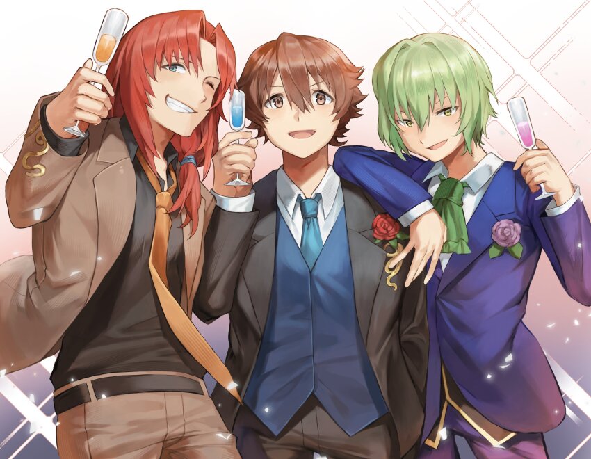 3boys absurdres ao_no_kiseki blue_eyes cancanbaobao55 cocktail_glass cup curtained_hair double-parted_bangs drinking_glass eiyuu_densetsu flower flower_on_chest formal_clothes glass gradient_background green_hair grin hair_intakes hajimari_no_kiseki highres holding holding_cup lloyd_bannings looking_at_viewer male_focus multiple_boys necktie one_eye_closed open_mouth parted_bangs randolph_orlando rose short_hair side_ponytail sideburns simple_background smile sparkle_background suit vest waistcoat wazy_hemisphere yellow_eyes zero_no_kiseki