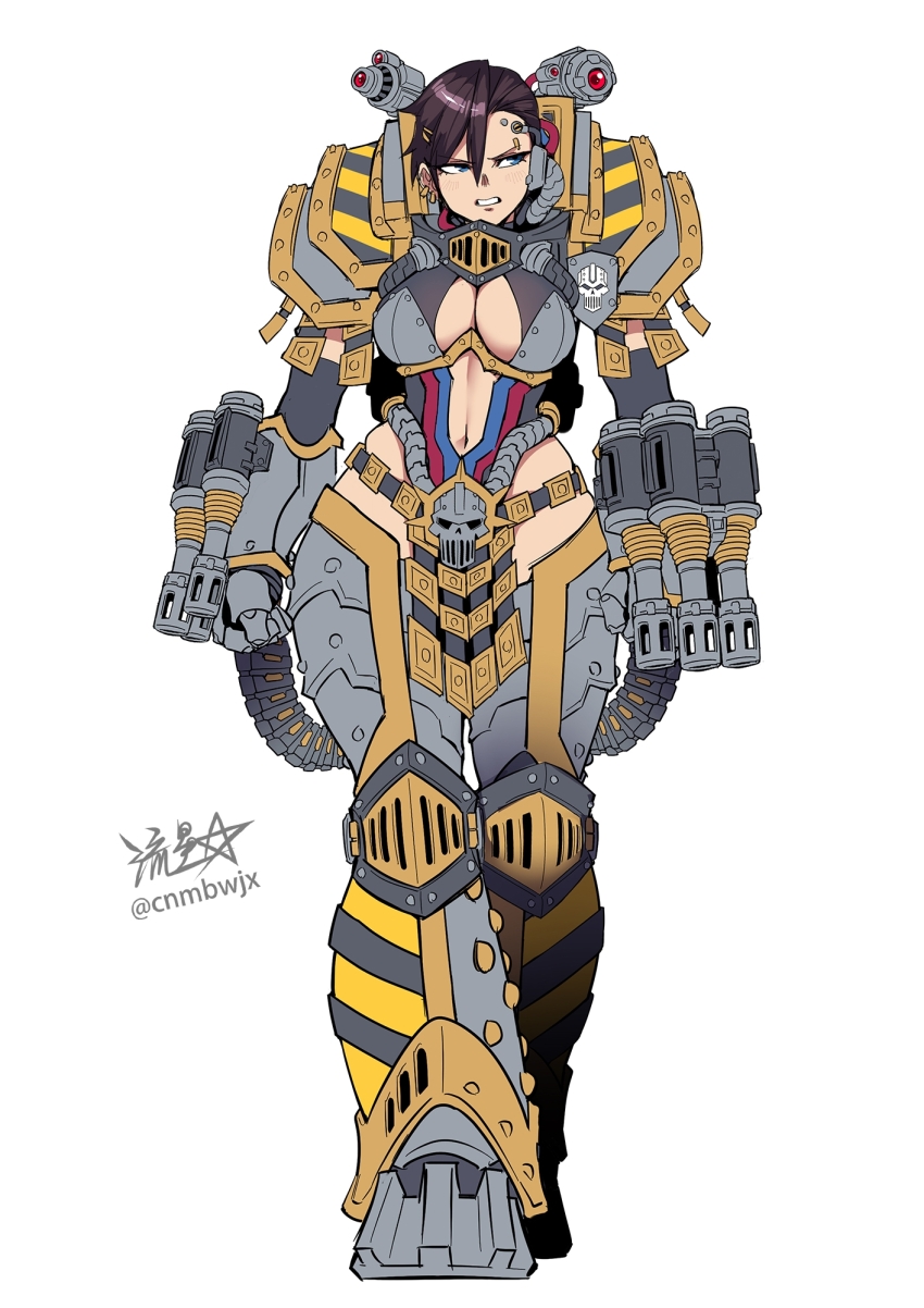 1girl adeptus_astartes ammunition_belt armor bikini_armor black_armor breastplate breasts brown_hair cleavage earrings eyebrow_piercing face_piercing full_armor gauntlets genderswap genderswap_(mtf) gold_trim greaves gun hazard_stripes highres iron_warriors jewelry large_breasts legs_together mechabare navel open_mouth pauldrons perturabo piercing power_armor primarch rivets ryuusei_(mark_ii) scowl short_hair shoulder_armor signature skull solo standing thighhighs tube warhammer_40k weapon white_background