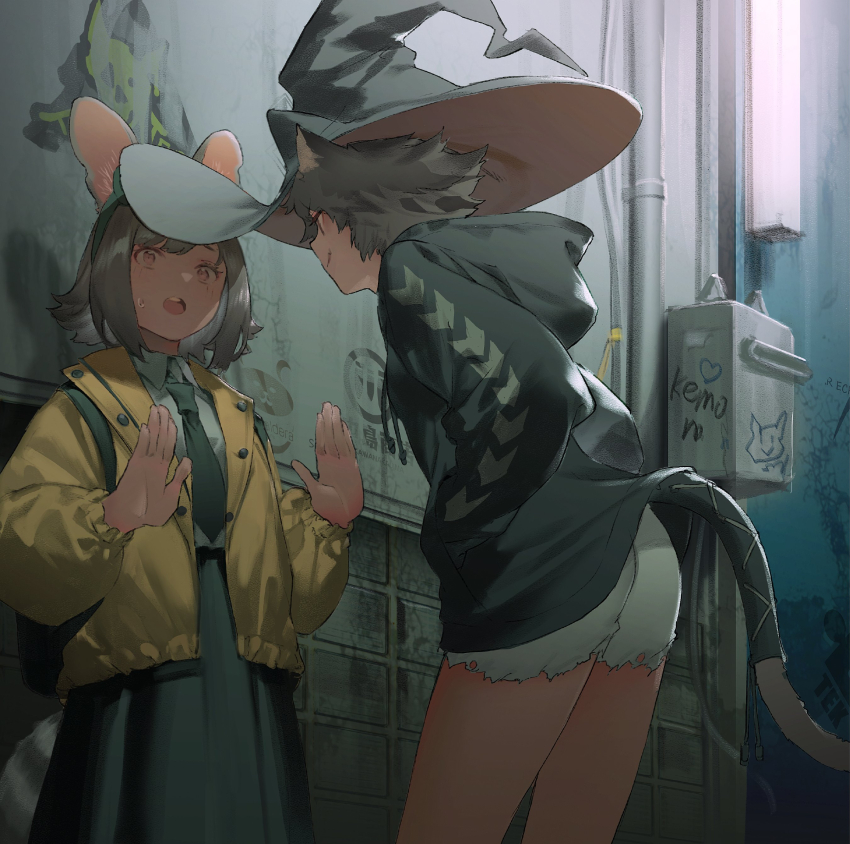 2girls absurdres against_wall alley animal_ears bare_legs black_hoodie brown_eyes brown_hair cat_ears cat_tail collared_shirt cropped_legs evil_smile from_side graffiti hands_in_pockets hat high-waist_skirt highres hood hoodie industrial_pipe jacket kemono_fabric lapels leaning_forward light_bulb mogumo mouse_ears multiple_girls necktie open_clothes open_jacket open_mouth orange_eyes raised_inner_eyebrows shirt short_hair shorts skirt smile standing stop_(gesture) sweater tail witch_hat yellow_jacket