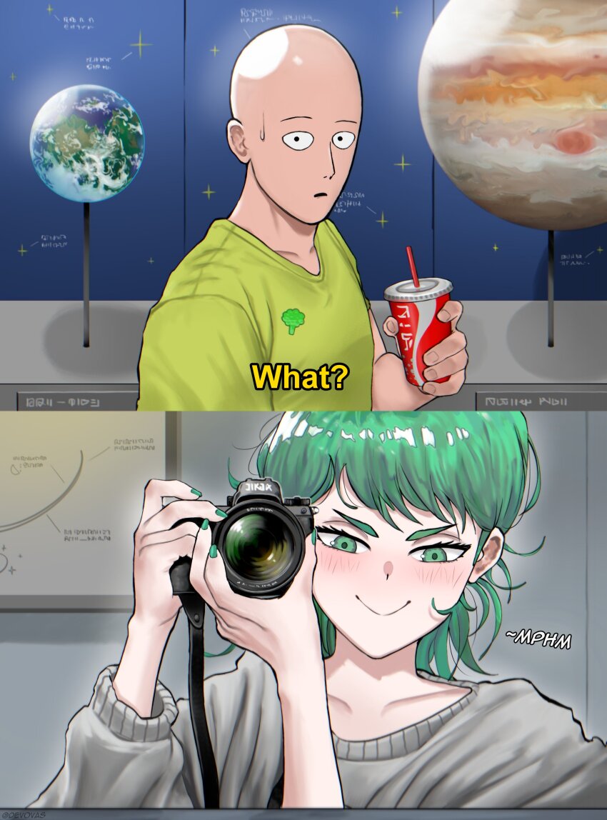 1boy 1girl absurdres bald camera cup devovas disposable_cup drinking_straw earth_(planet) green_eyes green_hair green_nails green_shirt grey_sweater highres jupiter_(planet) looking_at_viewer nail_polish one-punch_man planet saitama_(one-punch_man) shirt smile sweatdrop sweater taking_picture tatsumaki