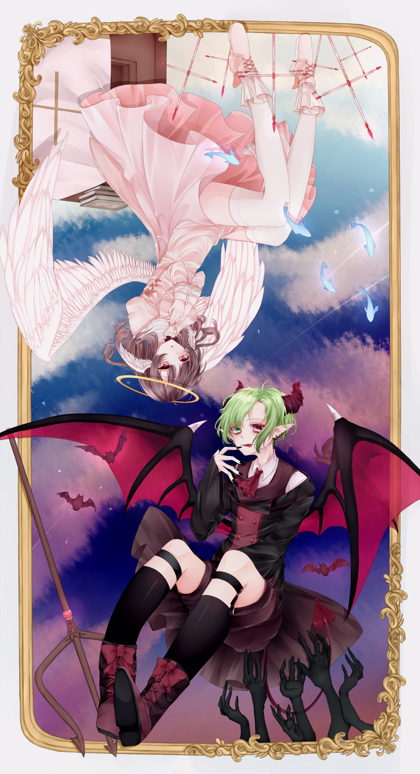 1boy 1girl :p absurdres angel_wings ascot bat_(animal) black_socks brown_hair brown_shoes commentary_request demon_horns demon_wings dress fish floating full_body green_eyes green_hair halo heterochromia highres horns hosimiya_yume juliet_sleeves long_sleeves original piercing pink_dress pink_eyes pink_shoes pitchfork puffy_sleeves red_ascot red_eyes shirt shoes socks tongue tongue_out tongue_piercing white_shirt white_wings wings yellow_halo