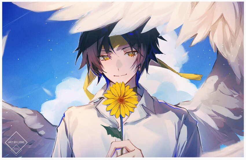 1boy artist_name asaba_harumasa black_choker black_hair blue_sky border choker closed_mouth cloud collared_shirt commentary day english_commentary feathered_wings flower flower_request hand_up headband highres holding holding_flower looking_at_viewer lyrie_luna male_focus outdoors parted_bangs shirt short_hair sky smile solo split_mouth upper_body watermark white_border white_shirt white_wings wings yellow_eyes yellow_flower yellow_headband zenless_zone_zero