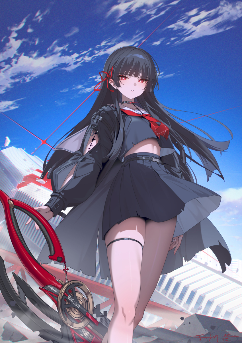 1girl arm_cutout black_choker black_hair black_jacket black_serafuku black_shirt black_skirt blue_sky breasts chisa_(wuthering_waves) choker chromatic_aberration clothing_cutout commentary day debris hair_ribbon hashtag-only_commentary highres holding holding_sword holding_weapon jacket long_hair long_sleeves looking_at_viewer meda medium_breasts neckerchief outdoors parted_lips red_eyes red_neckerchief red_ribbon ribbon sailor_collar school_uniform serafuku shirt skirt sky solo sword tacet_mark_(wuthering_waves) thigh_strap thighs weapon white_sailor_collar wuthering_waves