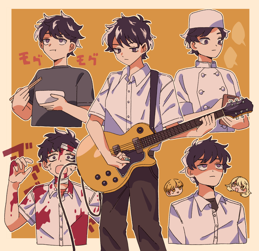 1girl 2boys :o :t absurdres annoyed bandaged_head bandages black_hair black_pants black_shirt blank_speech_bubble blonde_hair blood blood_on_clothes bowl buttons chef_hat chibi chopsticks collared_shirt commentary cropped_torso double-breasted dress_shirt eating electric_guitar employee_uniform feet_out_of_frame flat_top_chef_hat futsuu_no_keion-bu gibson_les_paul guitar guitar_strap halloween_costume hands_up hat head_only highres holding holding_bowl holding_chopsticks holding_guitar holding_instrument holding_plectrum instrument male_focus mizuo_haruichi multiple_boys multiple_views open_mouth orange_background orange_hair pants plectrum rikuzennminamo sanpaku shaded_face shirt shirt_tucked_in short_hair short_sleeves speech_bubble t-shirt takami_kouki tatsumi_reiha waiter white_hat white_shirt wing_collar working