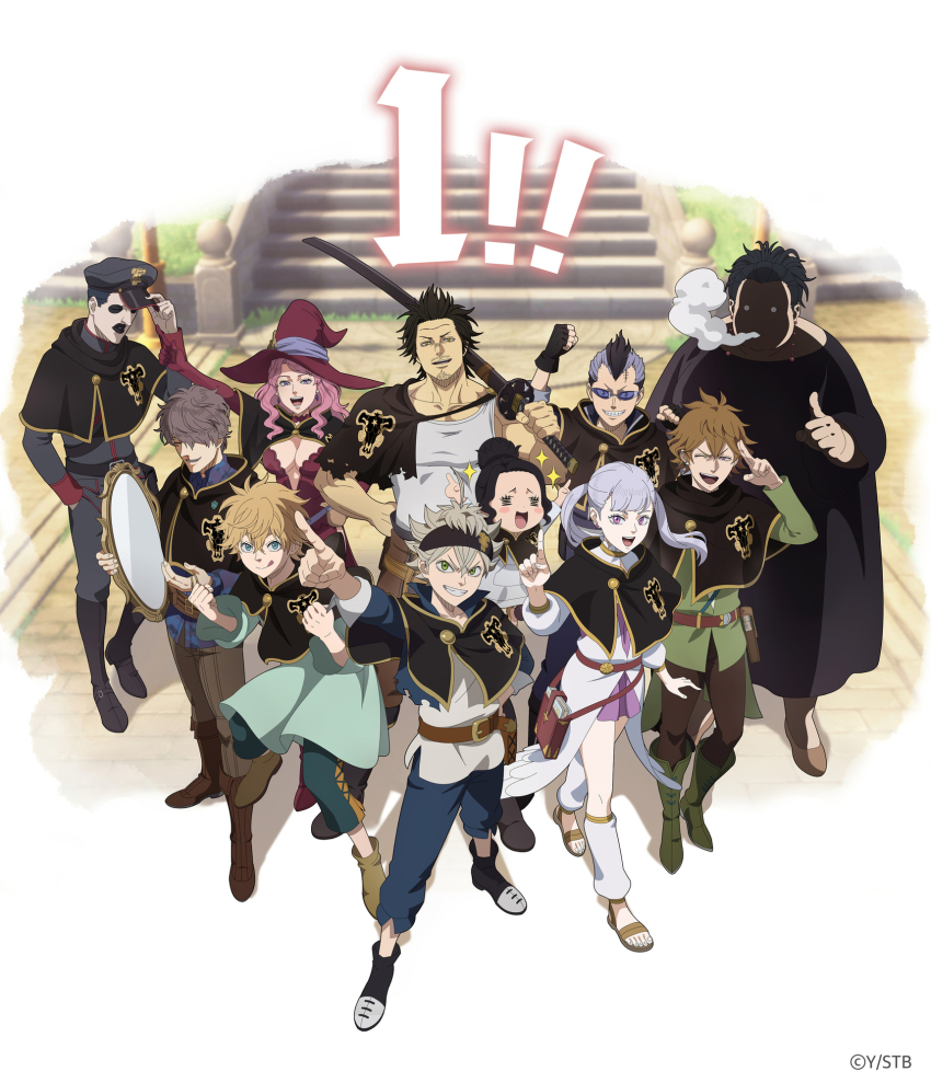 asta_(black_clover) black_clover black_hair breasts charmy_pappitson cleavage finral_roulacase gauche_adlai gordon_agrippa grey_(black_clover) grey_hair hat highres large_breasts long_hair luck_voltia magna_swing noelle_silva official_art pink_hair purple_eyes smile twintails vanessa_enoteca witch_hat yami_sukehiro