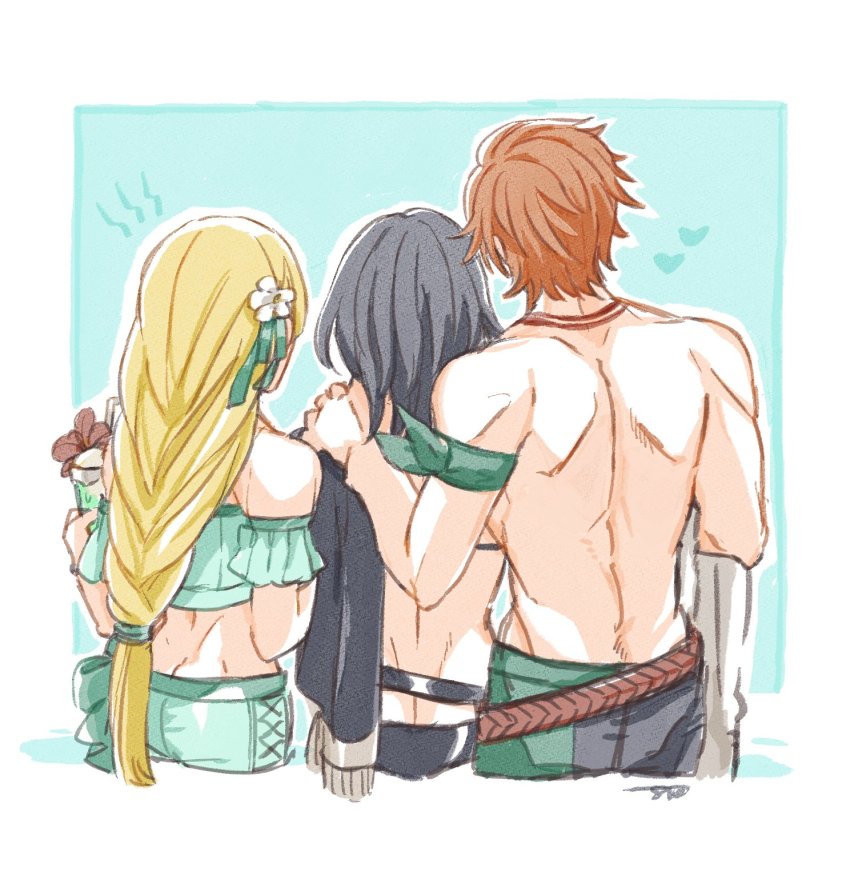 1girl 2boys batoson54 black_hair black_male_swimwear black_swim_briefs black_swim_trunks blonde_hair female_byleth_(fire_emblem) female_byleth_(summer)_(fire_emblem) cup drinking_straw felix_hugo_fraldarius fire_emblem fire_emblem:_three_houses fire_emblem_heroes flower from_behind glass green_male_swimwear green_swim_trunks hair_flower hair_ornament highres holding holding_cup ingrid_brandl_galatea ingrid_brandl_galatea_(summer) long_hair male_swimwear multicolored_male_swimwear multicolored_swim_trunks multiple_boys nintendo official_alternate_costume red_hair short_hair simple_background swim_briefs swim_trunks swimsuit sylvain_jose_gautier sylvain_jose_gautier_(summer) topless_male
