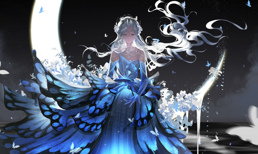 1girl absurdres bare_shoulders blue_butterfly blue_dress blue_gloves bug butterfly butterfly_dress closed_eyes closed_mouth crescent_moon dress dripping elbow_gloves expressionless eyelashes floating_hair flower flutter_storm_(infinity_nikki) full_body gloves gown highres infinity_nikki insect jewelry lake lipstick long_dress long_hair makeup marking_on_cheek moon necklace nikki_(series) oblivion_(user_ugke8872) on_crescent parted_bangs petals pink_lips ripples sitting solo strapless strapless_dress very_long_hair wavy_hair white_butterfly white_flower white_hair