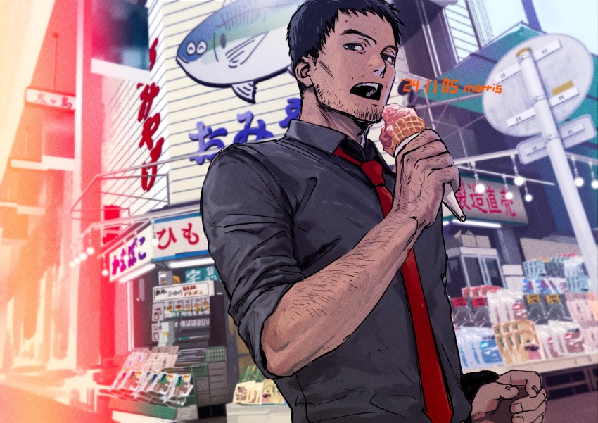 1boy arm_hair arm_up beard_stubble black_eyes black_hair black_shirt doujima_ryoutarou eating facial_hair food highres holding holding_food holding_ice_cream ice_cream ice_cream_cone looking_to_the_side male_focus morrisuit necktie open_mouth persona persona_4 red_necktie shirt short_hair sign sleeves_rolled_up solo storefront stubble teeth upper_teeth_only