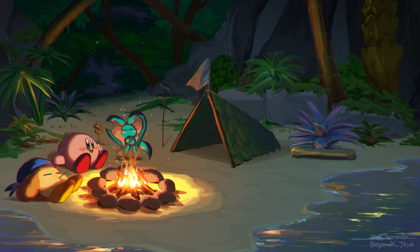 animal_ears bandana bandana_waddle_dee blush_stickers campfire closed_eyes colored_skin elfilin fire food highres kirby_(series) kirby_and_the_forgotten_land leo_taranza mouse_ears night nintendo no_humans notched_ear pink_skin sand shish_kebab sitting tent tree waddle_dee