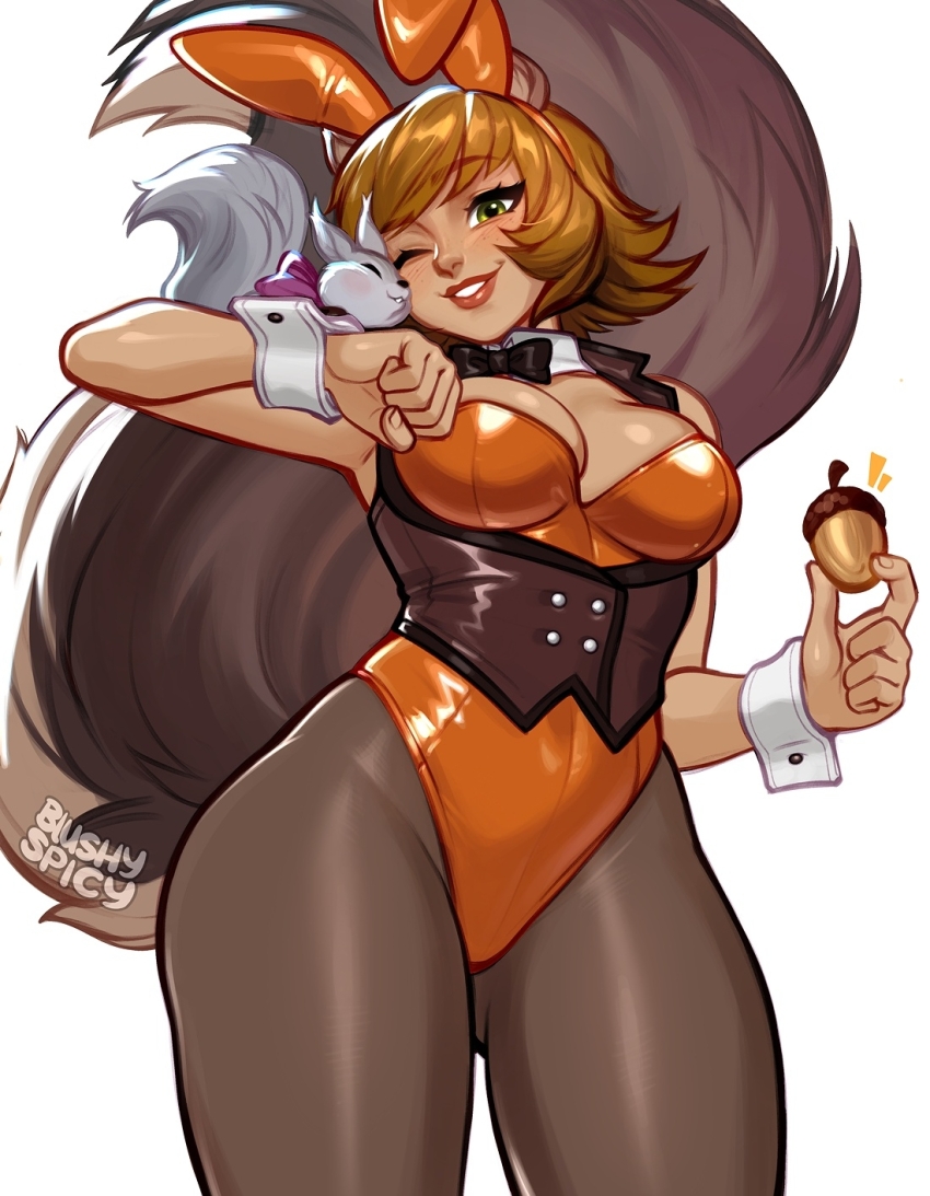 1girl acorn alternate_costume animal_ears black_bow black_bowtie blush blushyspicy bow bowtie breasts brown_hair detached_collar fake_animal_ears female_focus freckles green_eyes highres holding large_breasts leotard lipstick makeup marvel marvel_rivals one_eye_closed orange_leotard pantyhose playboy_bunny rabbit_ears red_lips solo squirrel squirrel_ears squirrel_girl squirrel_girl_(marvel) squirrel_tail tail underbust wrist_cuffs