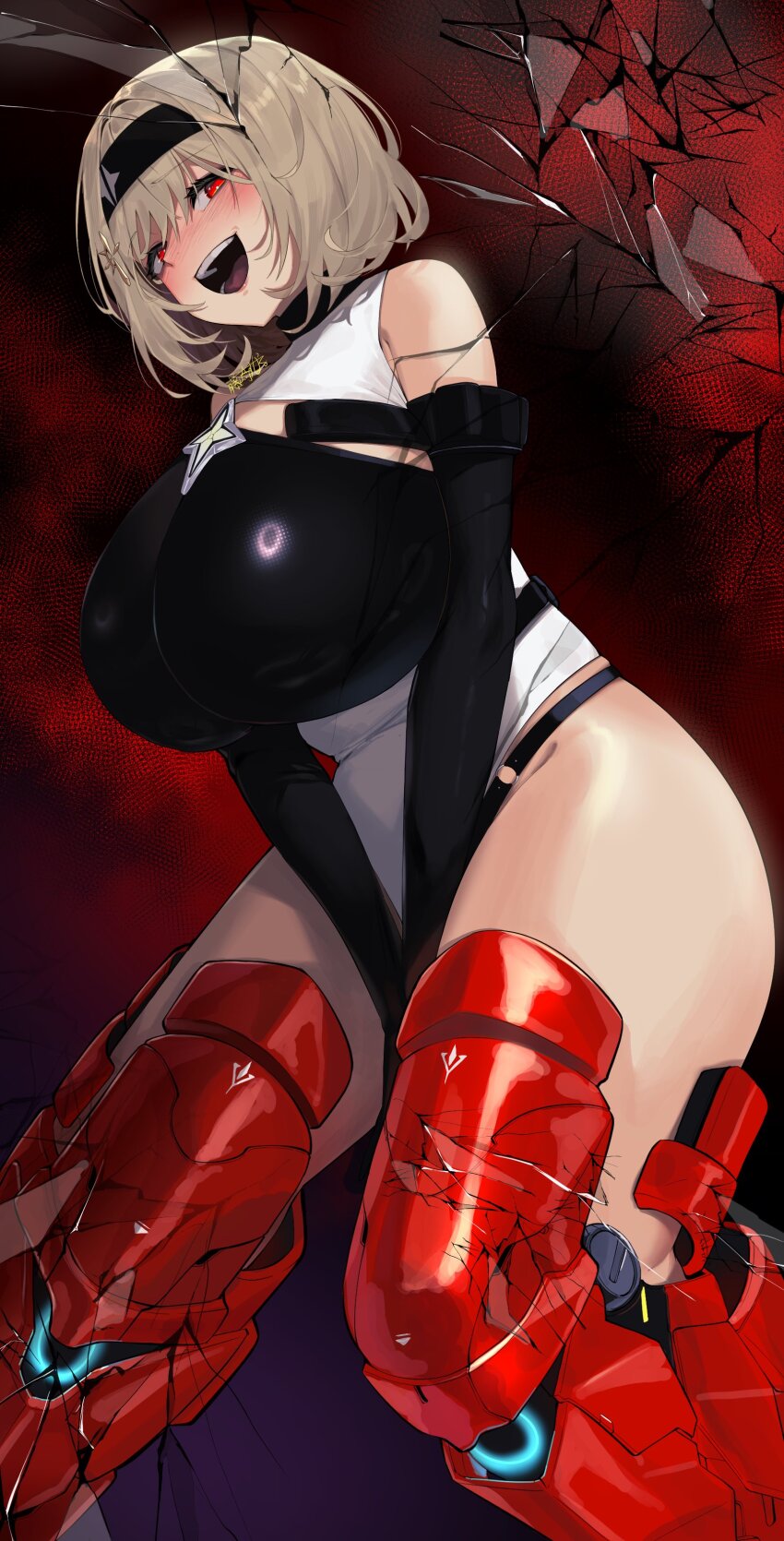 1girl absurdres armored_boots bare_hips between_legs black_hairband blonde_hair blush boots breasts crack fujisaki_subaru goddess_of_victory:_nikke hairband hand_between_legs highres huge_breasts impossible_clothes knee_armor leotard looking_at_viewer multicolored_leotard old_tales_(nikke) open_mouth red_eyes red_shoes_(nikke) science_fiction shattered solo spoilers teeth tongue two-tone_leotard white_leotard