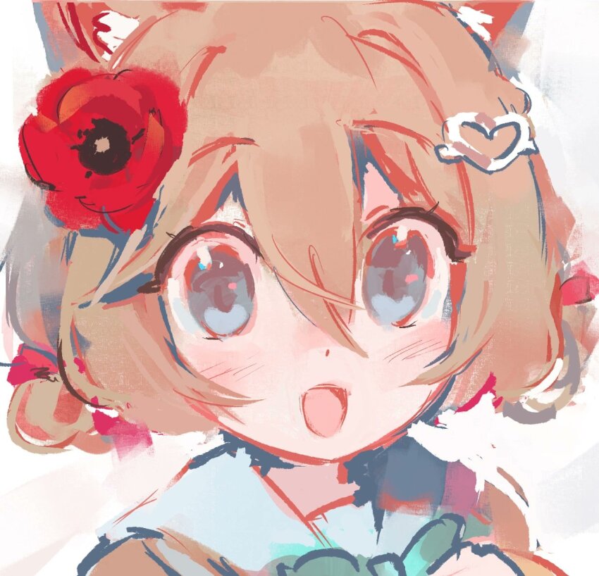 1girl :d animal_ear_fluff animal_ears blue_eyes blue_sailor_collar blush bow bowtie brown_hair cat_ears commentary dot_nose double-parted_bangs english_commentary flower green_bow green_bowtie hair_flower hair_ornament hair_ribbon hair_rings hairclip heart heart_hair_ornament looking_at_viewer neuro-sama official_alternate_hairstyle open_mouth pasharuu poppy_(flower) portrait raised_eyebrows red_flower red_ribbon ribbon sailor_collar short_hair smile solo vedal_ai virtual_youtuber white_background