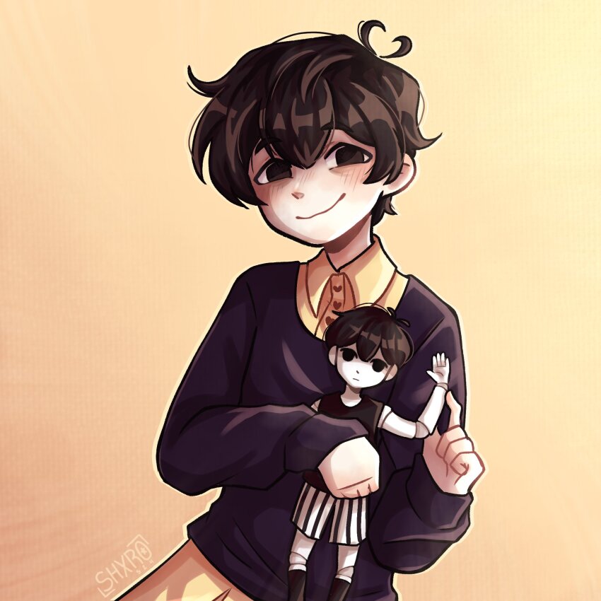 1boy alternate_costume antenna_hair black_eyes black_hair black_sweater character_doll closed_mouth collared_shirt doll highres long_sleeves looking_at_viewer marionette omori omori_(omori) puppet shirt shxro524 simple_background solo sunny_(omori) sweater yellow_background yellow_shirt