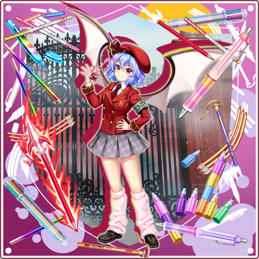1girl alternate_costume armband bat_wings beret blazer brown_shoes buttons character_print closed_mouth collared_shirt double-breasted drinking_straw food_print fruit_print game_cg green_armband grey_shirt hair_between_eyes hand_on_own_hip hat highres holding_juice_box jacket juice_box leg_warmers long_sleeves looking_at_viewer miniskirt official_art okazaki_yumemi pen pencil plaid_clothes plaid_skirt pleated_skirt purple_hair red_eyes red_hat red_jacket remilia_scarlet remilia_scarlet_(young_scarlet_devil_student_president) rotte_(1109) school_uniform shirt shoes skirt smile solo strawberry_print third-party_source touhou touhou_(pc-98) touhou_lostword transparent_background white_shirt wings