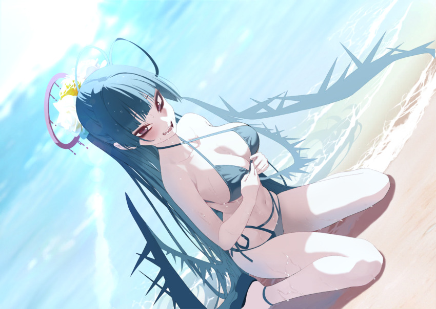 1girl beach bikini black_bikini black_hair black_sandals black_wings blue_archive blue_sky blush breasts cleavage cloud criss-cross_halter dark_halo day fangs flower game_cg hair_flower hair_ornament hair_scrunchie halo halterneck highres large_breasts long_hair long_legs looking_at_viewer low_wings mx2j navel non-web_source ocean official_alternate_costume official_art outdoors ponytail red_eyes red_halo sandals scrunchie sideboob sitting sky solo stomach swimsuit tsurugi_(blue_archive) tsurugi_(swimsuit)_(blue_archive) underboob wariza water wet wings