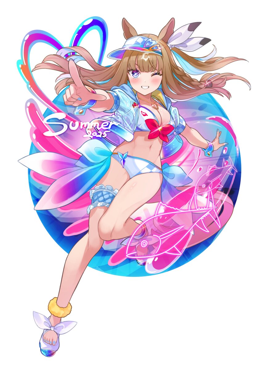 1girl absurdres almond_eye_(umamusume) alternate_costume animal_ears ankle_scrunchie bikini blue_eyes blue_hair blue_nails blunt_bangs blush bow bow_bikini braid brown_hair brown_tail colored_inner_hair commentary_request cropped_jacket frilled_thigh_strap gold_necklace grin highres horse_ears horse_girl horse_tail jacket jewelry long_hair looking_at_viewer multicolored_eyes multicolored_hair navel necklace one_eye_closed pointing pointing_at_viewer purple_eyes red_bow scrunchie see-through_clothes see-through_jacket short_sleeves smile solo stomach swimsuit tail thigh_strap umamusume visor_cap white_background white_bow wrist_cuffs yellow_scrunchie yokoji_(kodai2015)