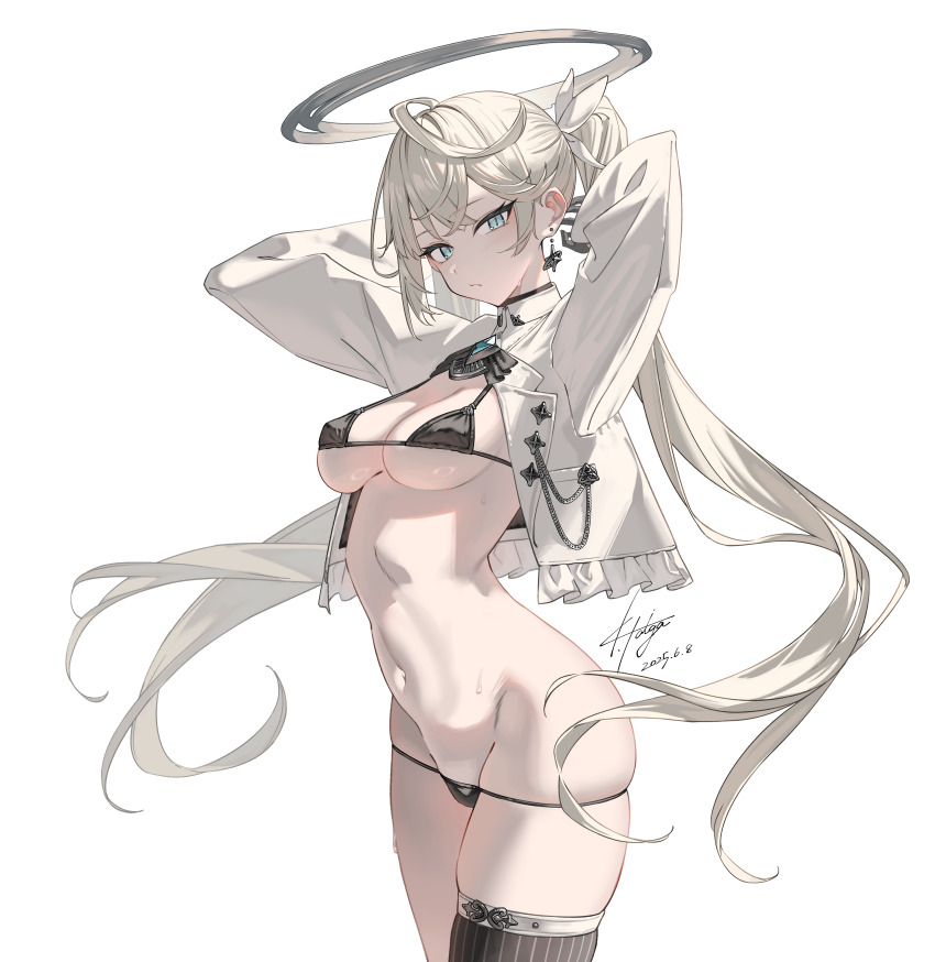 1girl absurdres ahoge arms_behind_head asymmetrical_legwear asymmetrical_sidelocks bikini black_bikini black_thighhighs breasts cropped_jacket crossed_bangs dated earrings floating_hair frilled_jacket frills grey_eyes grey_halo groin hair_ribbon halo highres jacket jewelry koga_taiga lapel_chain long_hair looking_at_viewer medium_breasts navel open_clothes open_jacket original ribbon signature simple_background single_thighhigh skindentation solo star_(symbol) star_earrings stomach swimsuit thighhighs twintails very_long_hair white_background white_hair white_jacket white_ribbon