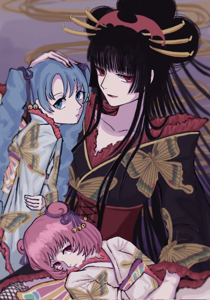 3girls animal_print black_hair blue_eyes blue_hair blue_kimono butterfly_print collarbone hair_ornament hand_on_another&#039;s_head highres ichihara_yuuko japanese_clothes kimono long_hair looking_at_viewer maru_(xxxholic) moro_(xxxholic) multiple_girls pink_eyes pink_hair pink_kimono raisehanekotan red_eyes short_hair twintails xxxholic