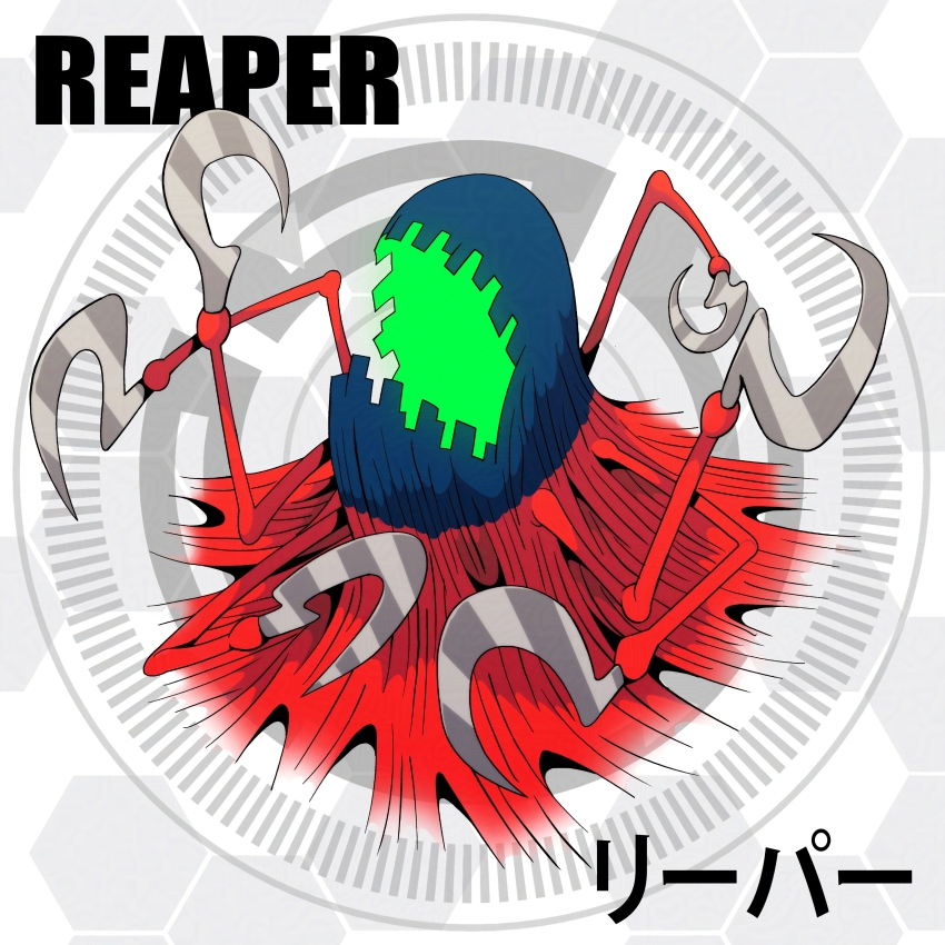 absurdres d-reaper d_sandy digimon english_text highres japanese_text monster open_mouth reaper_(digimon) scythe tentacles