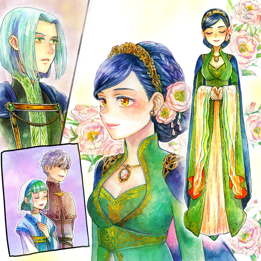 2boys 2girls aqua_hair black_hair braid breasts cleavage commentary_request dress ferdinand_(honzuki_no_gekokujou) flower gem green_dress green_hair grey_hair hair_flower hair_ornament hairband headscarf highres hitsuki_(hiidukii) honzuki_no_gekokujou justus_(honzuki_no_gekokujou) lieseleta_(honzuki_no_gekokujou) long_dress medium_breasts multiple_boys multiple_girls myne_(honzuki_no_gekokujou) pink_lips smile traditional_media watercolor_pencil_(medium) wide_sleeves yellow_eyes