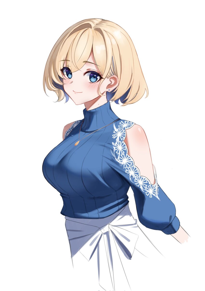 1girl blonde_hair blue_eyes blue_hair blue_sweater clothing_cutout colored_inner_hair dimos_(dawn_1945) gloire_(kancolle) gloire_(lawson)_(kancolle) highres kantai_collection multicolored_hair ribbed_sweater short_hair shoulder_cutout simple_background skirt solo sweater turtleneck turtleneck_sweater white_background white_skirt