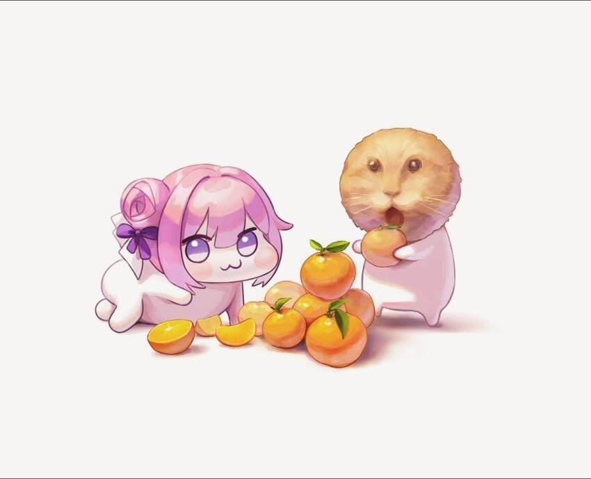 :3 :o alicks_(pixiv_19241330) cat doro_(nikke) doro_orange_story_(nikke) food fruit goddess_of_victory:_nikke hair_bun orange_(fruit) pink_hair purple_eyes simple_background single_side_bun tagme white_background