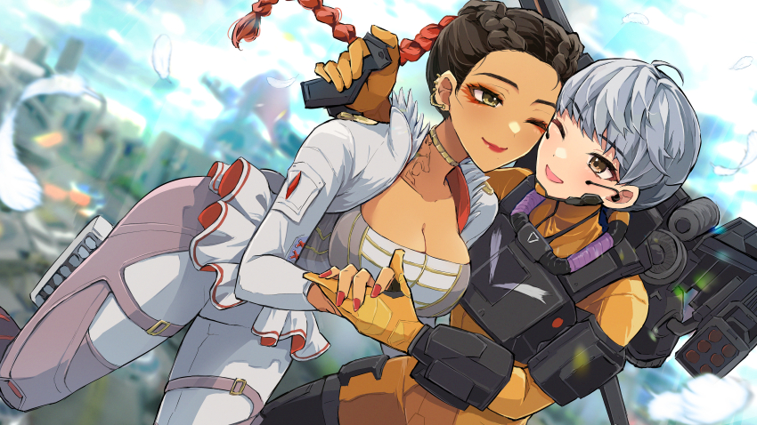 2girls absurdres animification apex_legends armor blurry blurry_background braid breastplate breasts brown_eyes cheek-to-cheek cleavage collarbone couple cropped_jacket dark-skinned_female dark_skin eyeshadow feathers gloves grey_hair grey_jacket grey_shirt hair_behind_ear heads_together highres holding_hands jacket jetpack leaning_forward loba_(apex_legends) long_hair looking_to_the_side makeup medium_breasts miniskirt multicolored_hair multiple_girls olympus_(apex_legends) one_eye_closed open_mouth orange_gloves outdoors pants red_eyeshadow red_gloves red_hair shirt short_hair skirt smile strapless strapless_shirt twin_braids two-tone_hair valkyrie_(apex_legends) wano_(azayakam) white_pants white_skirt yuri