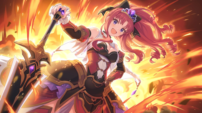 1girl akino_(princess_connect!) armor armored_dress backlighting dress greatsword hand_on_own_hip high_ponytail holding holding_sword holding_weapon long_hair off_shoulder official_art ponytail princess_connect! purple_eyes red_hair sword weapon