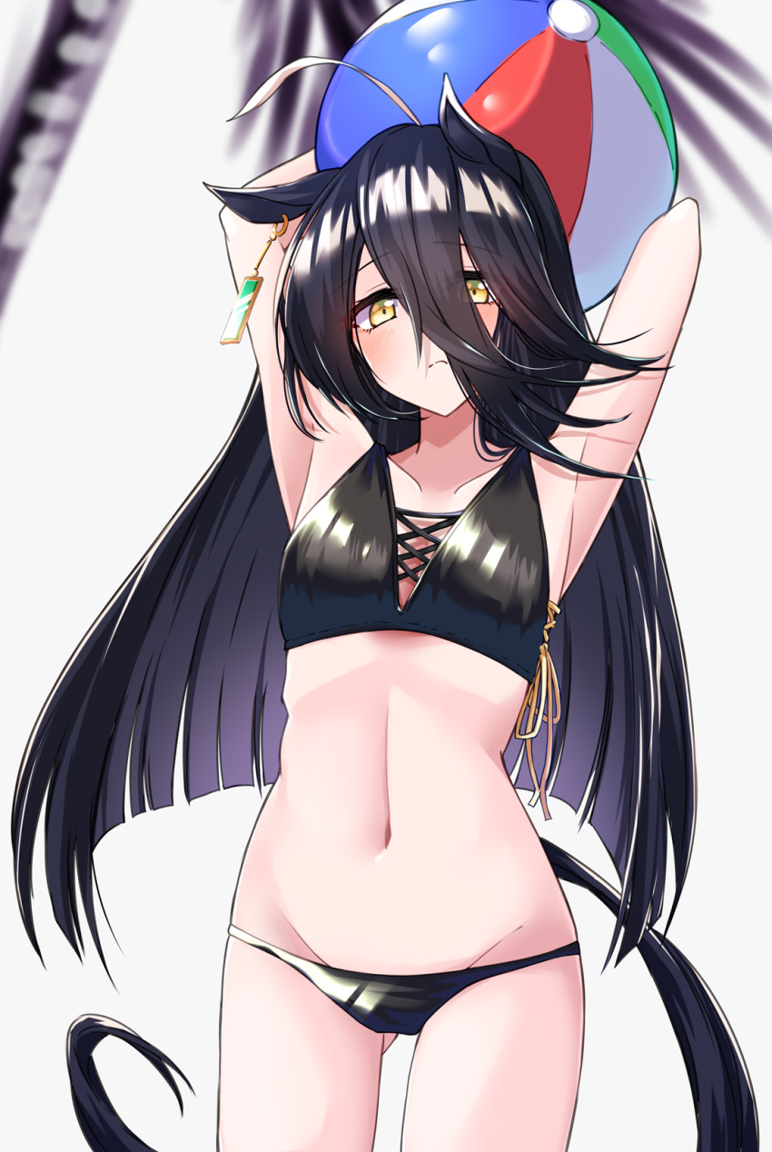 1girl ahoge animal_ears arms_up ball beachball bikini black_bikini black_hair blush commentary_request cowboy_shot earrings frown gluteal_fold grey_background groin hair_between_eyes highres horse_ears horse_girl horse_tail jewelry komb long_hair looking_at_viewer manhattan_cafe_(umamusume) navel palm_tree simple_background single_earring solo swimsuit tail tree umamusume yellow_eyes