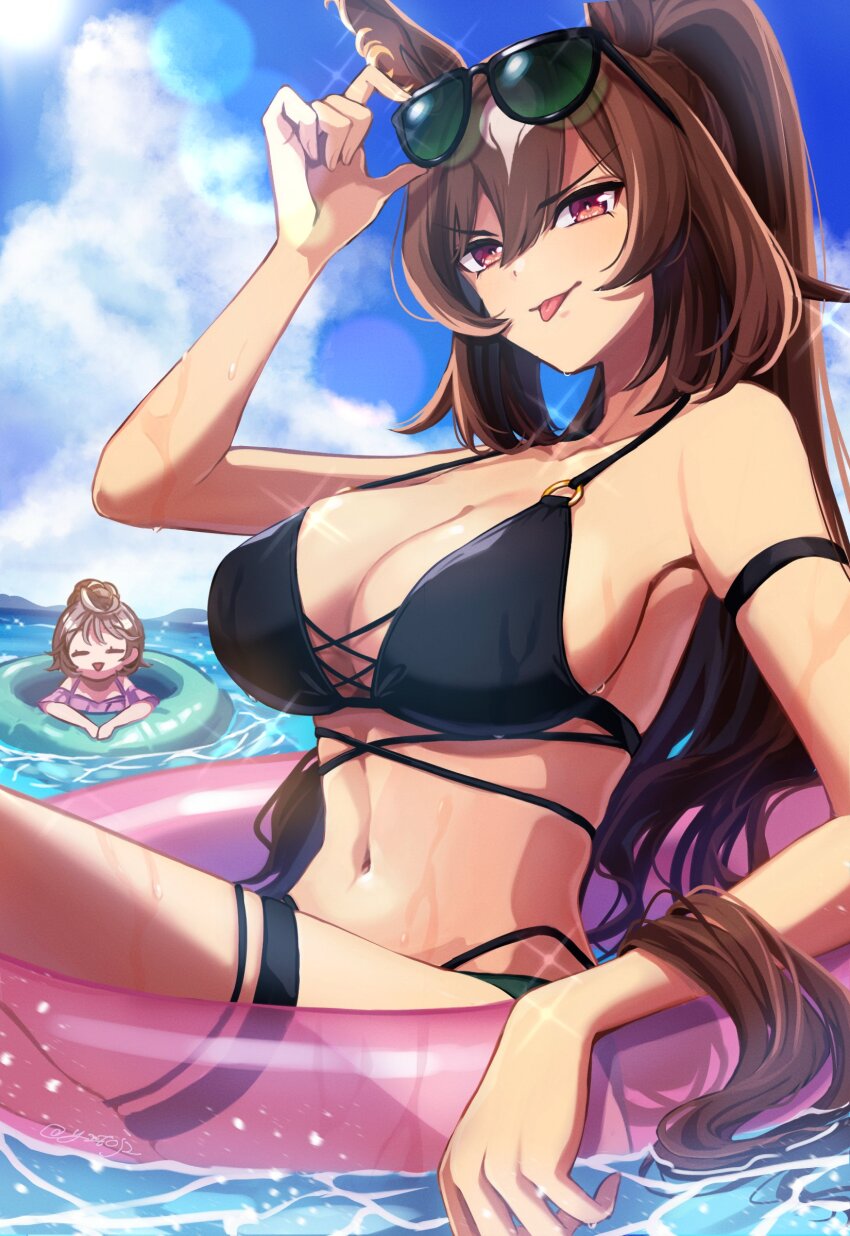 2girls absurdres animal_ears armband bikini black_bikini breasts brown_hair cleavage closed_mouth cloud day diffraction_spikes ear_ornament eyewear_on_head female_trainer_(umamusume) hand_up highres horizon horse_ears horse_girl horse_tail innertube large_breasts lens_flare long_hair looking_at_viewer multiple_girls navel ocean outdoors ponytail red_eyes sirius_symboli_(umamusume) smile solo_focus string_bikini sun sunglasses swim_ring swimsuit tail thigh_strap toji_(y2toj2) tongue trainer_(umamusume) umamusume v-shaped_eyebrows water wet