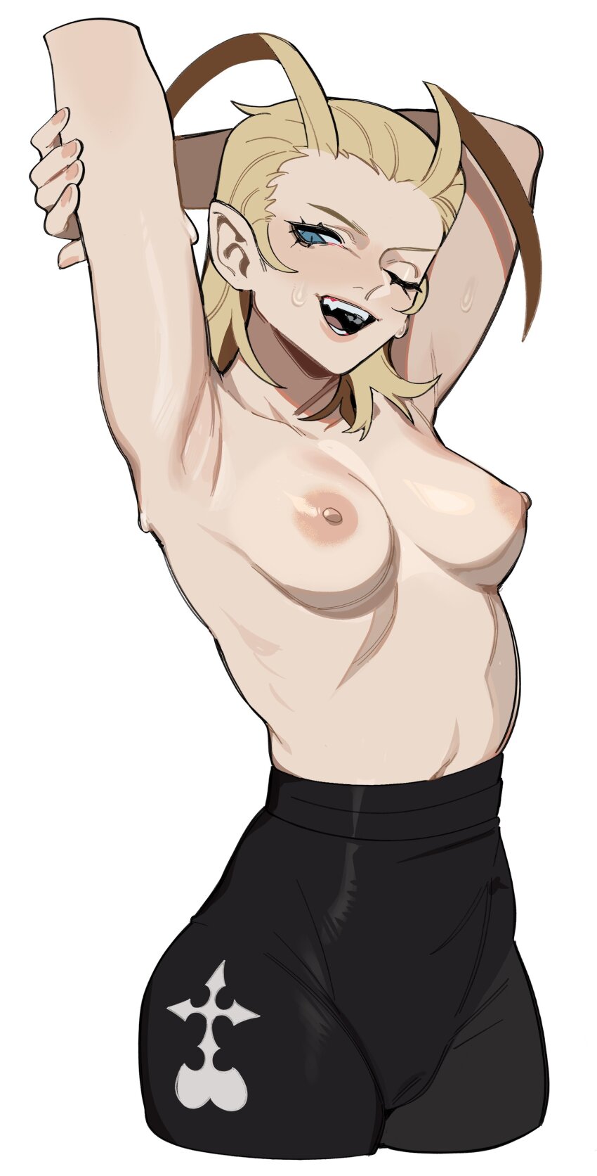 1girl absurdres antenna_hair armpits arms_up black_pants blonde_hair blue_eyes breasts cameltoe english_text fangs forehead hair_slicked_back high-waist_pants highres holding_own_arm kingdom_hearts kingdom_hearts:_chain_of_memories larxene lips medium_breasts medium_hair navel nipples open_mouth pants pointy_ears porqueloin sidelocks simple_background solo sweat teeth topless_female white_background