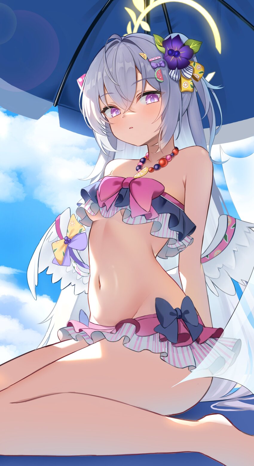 1girl absurdres angel_wings azusa_(blue_archive) azusa_(swimsuit)_(blue_archive) bead_necklace beads bikini bikini_skirt blue_archive bow_on_wing crescent_halo crossed_bangs feathered_wings flower food-themed_hair_ornament frilled_bikini frills hair_ornament halo highres jewelry li_se long_hair looking_at_viewer low_wings navel necklace official_alternate_costume purple_flower ribbon-trimmed_bikini ribbon_trim sitting solo strapless strapless_bikini swimsuit wariza watermelon_hair_ornament white_hair white_wings wing_ornament winged_halo wings yellow_halo