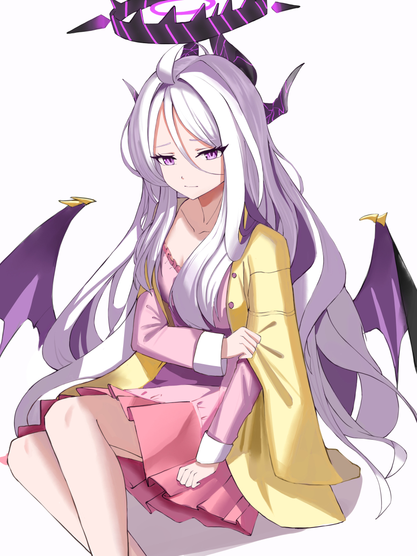 1girl absurdres aged_up black_halo blue_archive blush breasts collarbone commentary_request demon_girl demon_horns demon_wings halo highres hina_(blue_archive) hina_(pajamas)_(blue_archive) horns hua_hai_qishi jacket pajamas pink_pajamas polka_dot polka_dot_pajamas prefect_team_(blue_archive) purple_eyes simple_background sitting small_breasts solo white_background wings yellow_jacket