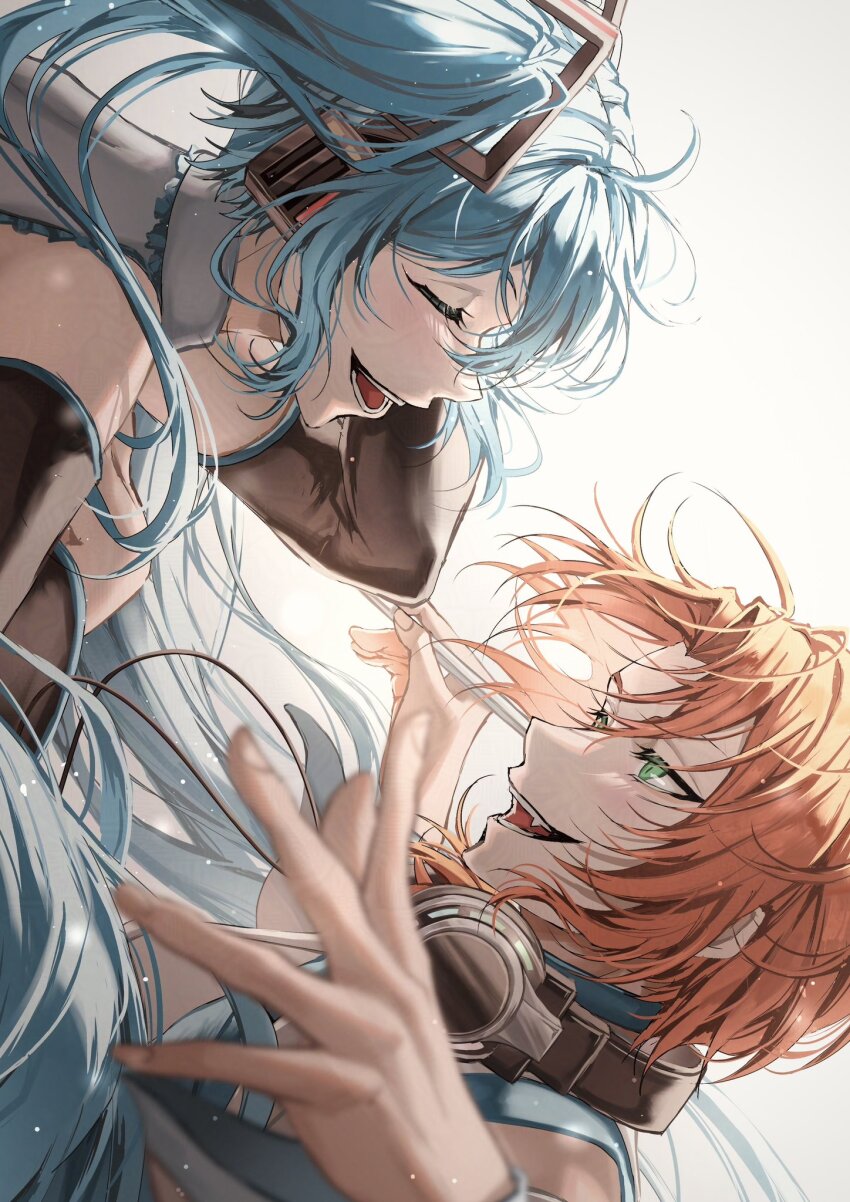 1boy 1girl aqua_hair black_gloves closed_eyes elbow_gloves ensemble_stars! gloves green_eyes grey_shirt hair_ornament hands_up hatsune_miku headphones headphones_around_neck highres holding holding_pen light_particles long_hair looking_at_another loose_hair_strand open_mouth orange_hair pen shirt sideways simple_background smile suteppu212 tsukinaga_leo upper_body vocaloid white_background