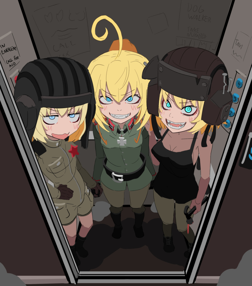3girls ahoge black_tank_top blonde_hair blue_eyes breasts c&#039;venash_vishneri combat_helmet commentary crossover elevator english_commentary fangs girls_und_panzer green_jumpsuit green_pants hammer helmet highres holding holding_hammer jumpsuit katyusha_(girls_und_panzer) kurokimoko long_hair military_uniform multiple_girls pants pov pravda_military_uniform psychopomp_(game) sharp_teeth short_hair tank_helmet tank_top tanya_degurechaff teeth youjo_senki