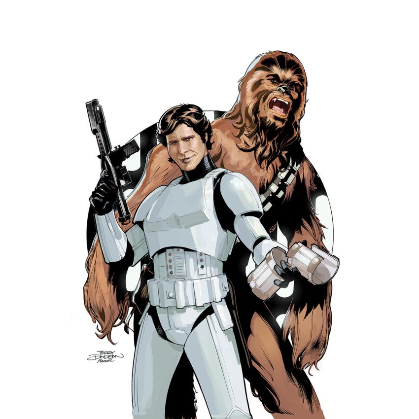 2boys alien artist_name bandolier belt blaster_(star_wars) brown_eyes brown_fur brown_hair chewbacca finger_on_trigger gun han_solo highres holding holding_gun holding_weapon looking_at_viewer multiple_boys no_headwear open_mouth short_hair signature simple_background star_wars stormtrooper terry_dodson weapon white_background wookiee wrist_cuffs