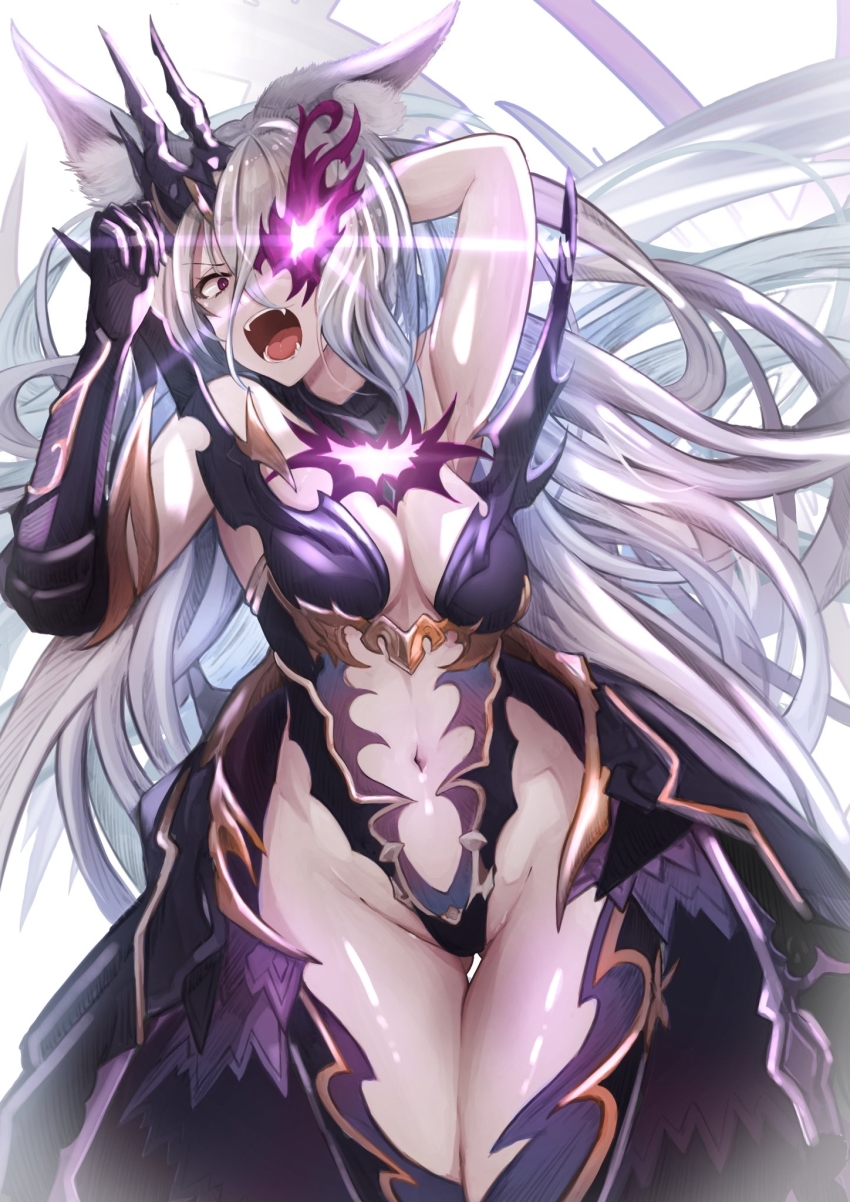 1girl akao_kito animal_ear_fluff animal_ears bare_shoulders breasts cowboy_shot fangs fox_ears fox_girl gauntlets glowing glowing_eye gluteal_fold groin highres leotard long_hair medium_breasts navel princess_connect! purple_eyes senri_mana sidelocks silver_hair solo thigh_gap thighs very_long_hair