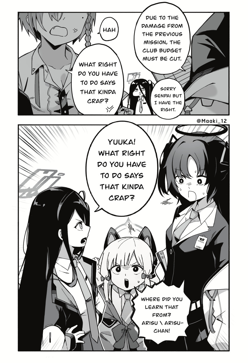 absurdres aris_(blue_archive) blue_archive english_text highres maaki12 momoi_(blue_archive) monochrome neru_(blue_archive) school_uniform upper_body yuuka_(blue_archive)