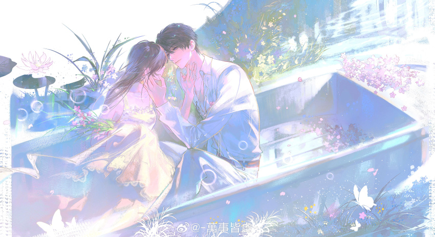 1boy 1girl absurdres bare_arms bare_shoulders belt bishounen black_belt black_eyes black_hair boat border bouquet brown_hair bubble bug butterfly caleb_(love_and_deepspace) chinese_commentary closed_mouth collarbone collared_shirt commentary_request couple day denim dress expressionless flower frilled_dress frills full_body hair_between_eyes hair_over_eyes hand_on_another&#039;s_cheek hand_on_another&#039;s_chin hand_on_another&#039;s_face hetero highres holding holding_bouquet imminent_kiss insect jeans knee_up lace lace-trimmed_dress lace_trim lake light_particles lily_pad lips long_dress long_hair long_sleeves love_and_deepspace outdoors pants petals pillarboxed pink_flower pleated_skirt pointy_nose protagonist_(love_and_deepspace) red_belt ripples shirt short_hair sitting skirt sleeveless sleeveless_dress square_neckline striped_belt sundress two-tone_belt wanshi_jie_xu water_lily_flower watercraft watermark weibo_watermark white_border white_butterfly white_dress white_pants white_shirt