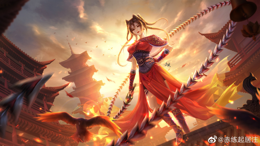 1girl absurdres backlighting bird building chi_lian_(qin_shi_ming_yue) chinese_clothes closed_mouth cloud cloudy_sky crow dress embers full_body hand_on_own_hip highres holding holding_whip looking_down multi-tied_hair off-shoulder_dress off_shoulder qingyuan qinshi_mingyue red_dress rooftop sash second-party_source sky solo sun tower