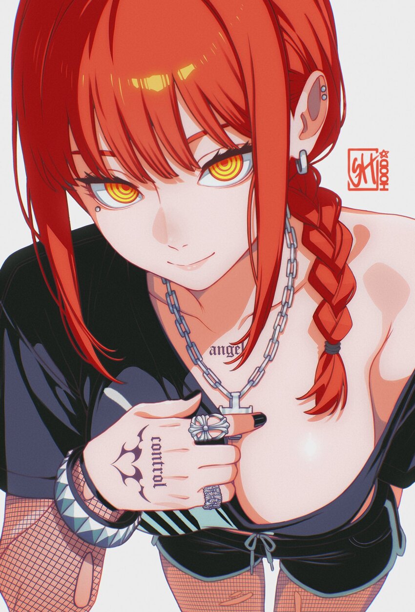1girl arm_at_side armpit_crease artist_logo black_nails black_shirt black_shorts braid breasts chain chain_necklace chainsaw_man closed_mouth collarbone commentary cowboy_shot crop_top cross cross_necklace dolphin_shorts earclip earrings face_piercing fingernails fishnet_pantyhose fishnet_sleeves fishnets foreshortening from_above hair_ornament hair_over_shoulder hand_on_own_chest hand_tattoo hand_up highres index_finger_raised jewelry large_breasts logo long_hair long_sidelocks looking_at_viewer looking_up makima_(chainsaw_man) multicolored_eyes nail_polish necklace no_bra off-shoulder_shirt off_shoulder pantyhose pantyhose_under_shorts piercing pointing pointing_at_self red_eyes red_hair ring shirt short_sleeves shorts sidelocks simple_background single_braid skaggshood smile solo standing stud_earrings tattoo torn_clothes torn_pantyhose torn_sleeves white_background wispy_bangs wristband yellow_eyes