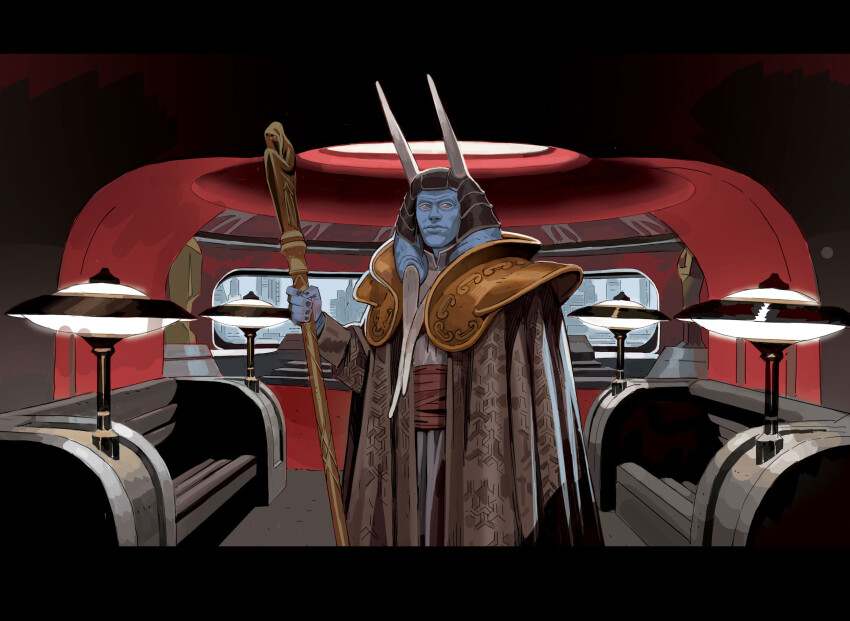 1boy alien amad_mir blue_skin chagrian colored_skin grey_robe highres holding holding_staff horns indoors lamp looking_at_viewer mas_amedda robe solo staff star_wars star_wars:_unlimited