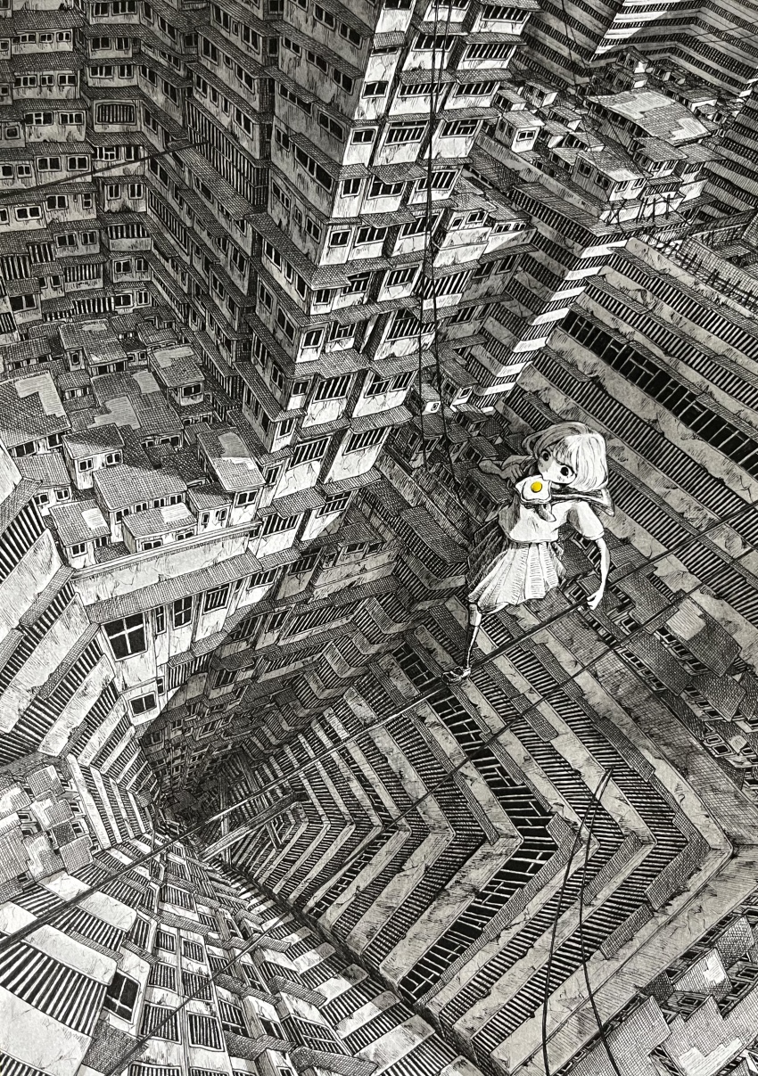 1girl absurdly_detailed_composition absurdres architecture barred_window bread bread_slice bridge building clenched_hands commentary_request complex_exterior crosshatching egg_(food) food food_in_mouth fried_egg fried_egg_on_toast greyscale hand_up hatching_(texture) highres ibsukionsen kneehighs late_for_school loafers looking_ahead medium_hair monochrome mouth_hold neckerchief original outdoors pleated_skirt power_lines railing running sailor_collar scenery school_uniform serafuku shirt shoes short_sleeves skirt socks solo spot_color tightrope toast toast_in_mouth traditional_media vanishing_point wide_shot window