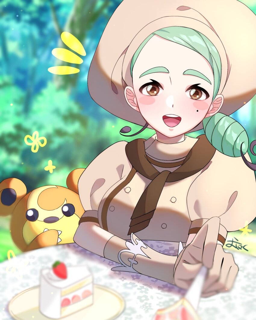 1girl ascot bear blush breasts brown_ascot brown_eyes brown_fur buttons chef_hat claws gen_2_pokemon green_hair hat highres katy_(pokemon) large_breasts low_side_ponytail mole mole_on_cheek ninkou_tan nintendo open_mouth pokemon pokemon_(creature) pokemon_sv puffy_short_sleeves puffy_sleeves short_sleeves smile teddiursa upper_body